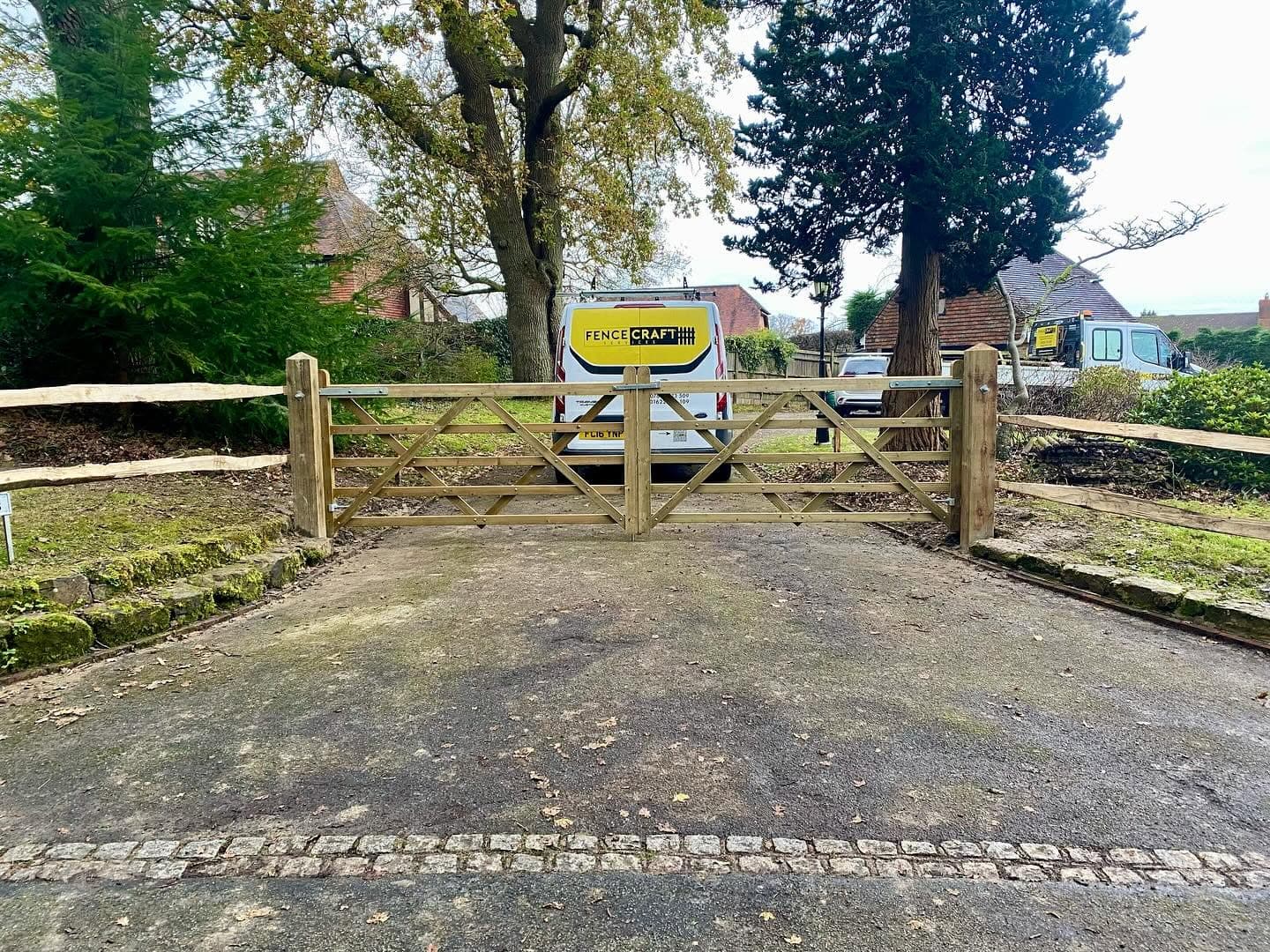 Fencecraft van parked behind a new five-bar timber gate on a Kent driveway
