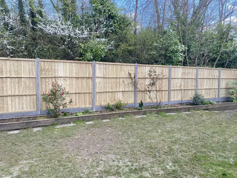 Run of closeboard panels with concrete posts and gravel boards around a lawn